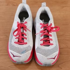 White and Pink HOKA Athletic Shoes with Breathable Mesh